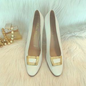 White Ferragamo Stacked Heel